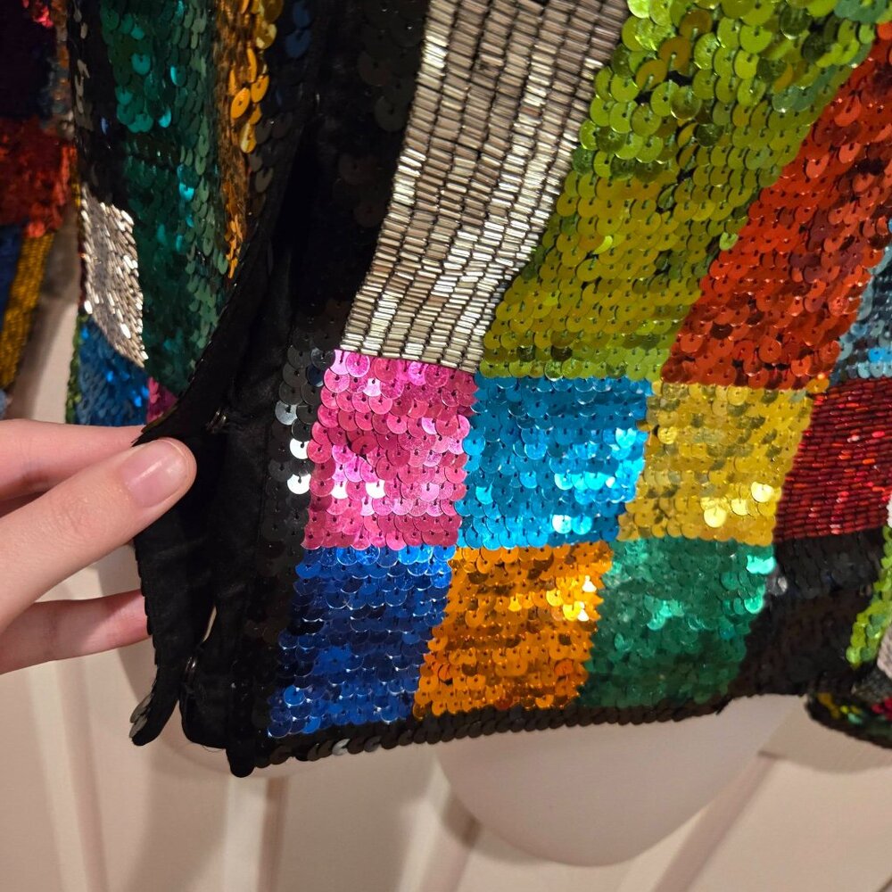 Vintage Adrienne Vittadini Rainbow Sequin Glitter Patchwork Jacket Small - Picture 12 of 15